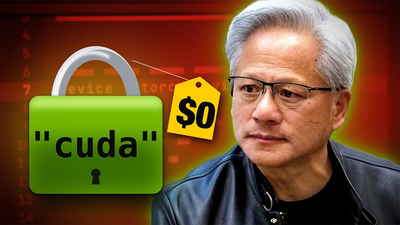 Original: Jensen Huang next to a green padlock labeled cuda with a $0 price tag.
