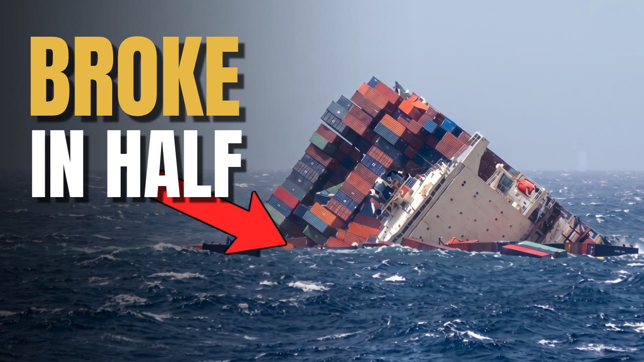 Redesign: the bow of a broken container ship sinking in rough sea with its container stacks still on deck, a red arrow and the words BROKE IN HALF.