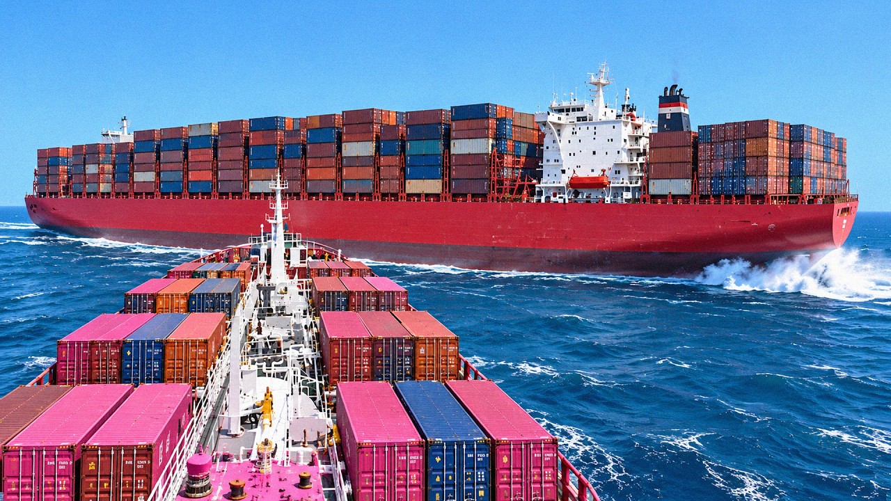 Original: two loaded container ships sailing on a calm blue sea.