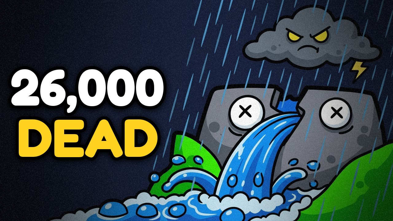 Redesign: a cartoon dam split in two, with crossed-out eyes and water bursting through, under an angry storm cloud at night, with the words 26,000 DEAD.