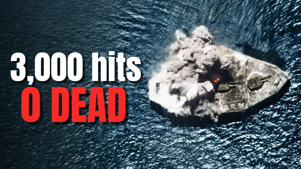 Redesign: colorized aerial photo of Fort Drum under bombardment, smoke over the deck, with 3,000 HITS in white and 0 DEAD in red.