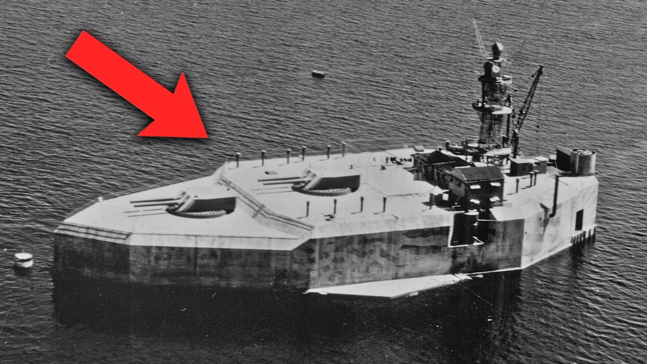 Original: black-and-white photo of Fort Drum on the water, with a red arrow pointing at it.
